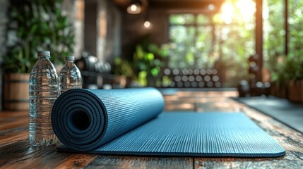 4K image of a yoga mat rolled up next to a set of gym gloves and water bottles in a workout room.