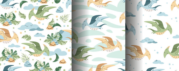 Set of Seamless patterns with cute dinosaurs in flat style. Endless texture with flying pterodactyl with clouds and tropical plants. Childish background for fabric, wallpaper, wrapping paper © Siawi_art