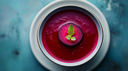 Top view of a vibrant beetroot soup in a bowl.