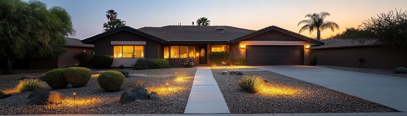 Fototapeta premium Charming suburban house bathed in warm sunset light, creating a serene and inviting atmosphere.