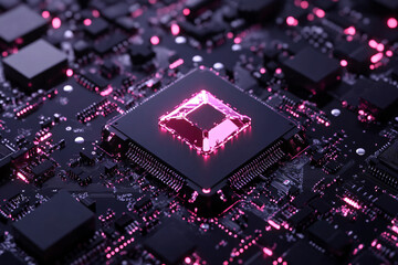 Fototapeta premium Purple gem computer chip on motherboard