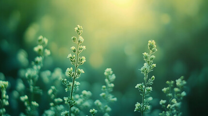 Morning sunlight illuminates lush green plants in a tranquil garden setting