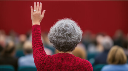 Elderly woman advocating at community gathering, hand raised amid diverse audience, fostering civic participation and inclusivity in local governance.