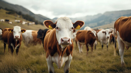 Curious brown and white cows standing in a grassy field with hills in the background on a cloudy day
