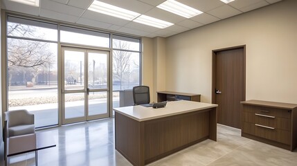 Fototapeta premium Modern Office Interior with Large Window and Desk