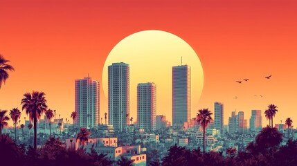 Obraz premium Retro Tel Aviv Skyline Sunset Illustration