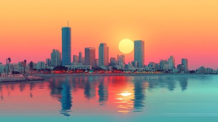 Fototapeta premium Tel Aviv Skyline Sunset Minimalist Cityscape Illustration
