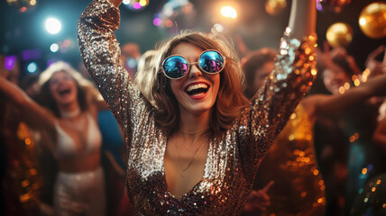 Happy stylish young woman wearing retro sunglasses on a chic glitter 70's disco party