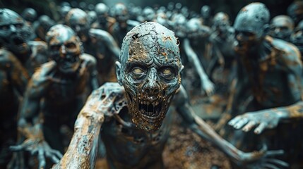 Obraz premium An unsettling gathering of decaying figures advances through a shadowy woodland, their hollow eyes reflecting a sinister glow as they reach out eerily, seeking the living