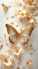 Elegant golden butterflies and flowers on a white background
