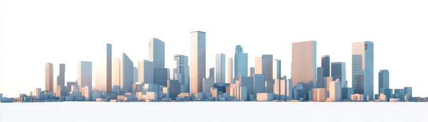 A panoramic view of a modern city skyline with tall buildings and a clear sky.