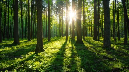 Obraz premium Sunlit Forest Clearing, a vibrant scene of bright dappled light filtering through trees, creating a mesmerizing interplay of light and shadow in a tranquil natural setting.