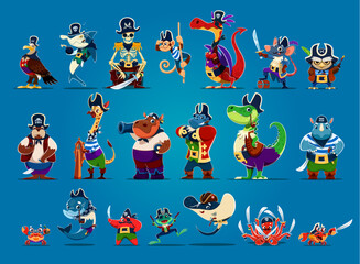 Cartoon funny animal pirate characters, corsair captain and skipper, vector Caribbean sailors. Animals pirates, filibusters boatswains, shark with crab or starfish and hippo with Jolly roger skull