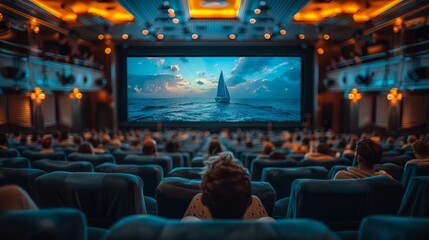 The audience sits in plush seating, captivated by a stunning view of a sailboat gliding across the tranquil sea as twilight descends, creating a magical atmosphere
