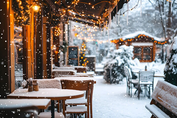 Cozy Winter Cafe: A charming cafe patio adorned with twinkling lights, blanketed in fresh snow. The inviting ambiance creates a warm and romantic atmosphere perfect for a winter getaway. 