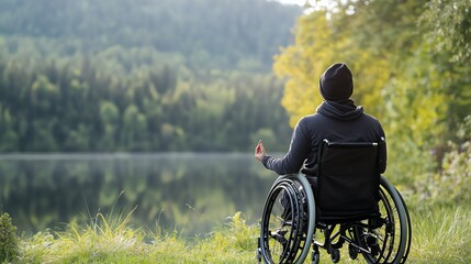 Obraz premium Person in wheelchair meditating near lake.