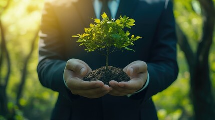 Hands-on Growth: A business professional, hands cradling a flourishing sapling, symbolizes growth and environmental responsibility in a vibrant garden scene.