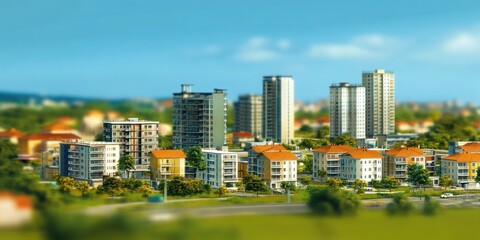 Obraz premium A cityscape featuring modern high-rise buildings and residential areas under a clear sky.