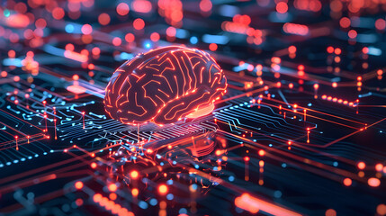 Artificial intelligence chip concept attached to digital circuit board
