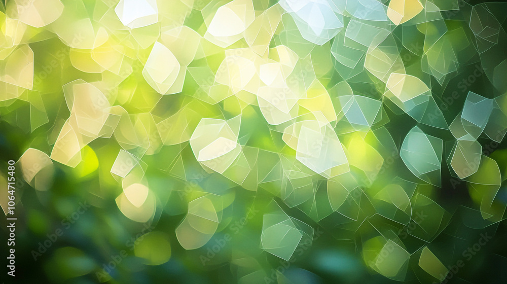 Poster captivating bokeh of sunlight filtering through lush green foliage in a serene forest setting
