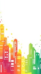 A vibrant city skyline illustration with a gradient color scheme.