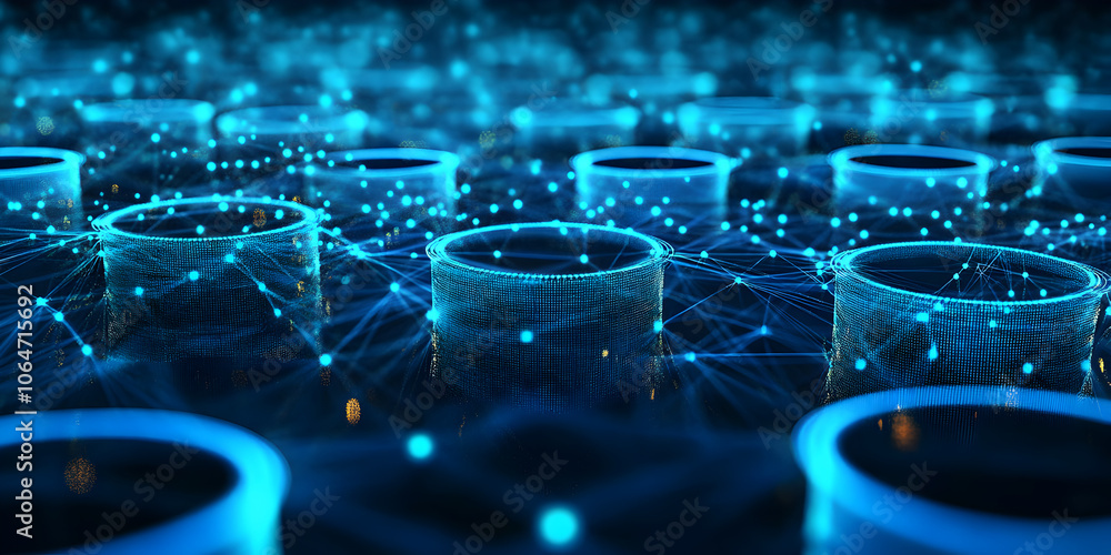 Poster cybernetic network: abstract digital art depicting a futuristic network of glowing blue cylinders co