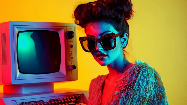 A woman in sunglasses poses with a retro computer in front of a bright yellow background