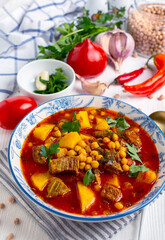 Homemade beef and chickpeas soup.