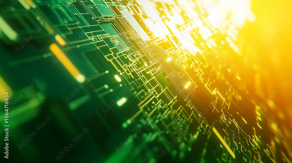 Poster abstract close-up of a vibrant digital circuit board illuminated by sunlight in the background