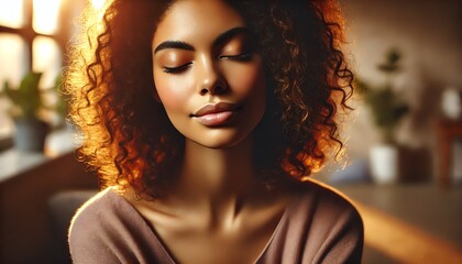 Fototapeta premium A portrait of a curly hair woman with eyes closed, basking in warm, cozy sunlight