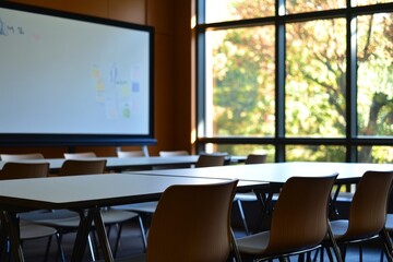 Meeting room with interactive whiteboard and large windows