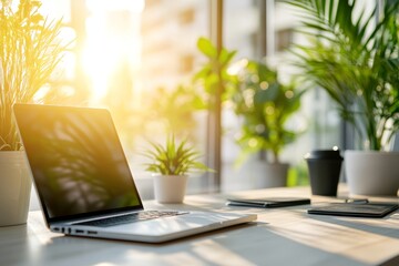 Fototapeta premium Sunlit desk with laptop and plants in a bright modern office