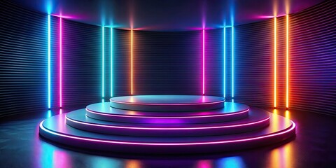 Futuristic podium with colorful neon lights , podium, futuristic, technology, stage, vibrant, bright, glowing