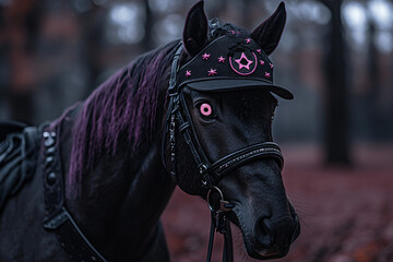 Obraz premium Decorative Black Horse with Pink Accents in a Mystical Forest