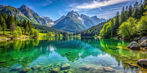 Fototapeta premium Beautiful lake with crystal clear green waters surrounded by lush forests and snowy peaks in Styria, Austria