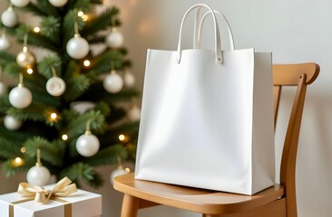Minimalistic mockup of white eco bag made of pure material on wooden chair. Cozy product design, chic light Christmas background, elegant mockup of natural reusable accessory.