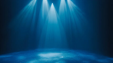 Spotlight backdrop, blue stage, Background for displaying products Bright beams of spotlights Blue podium illuminated by spotlights in dark room
