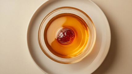 Sweet apricot liqueur with dried fruit, top view.