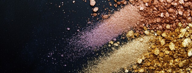 An abstract composition featuring vibrant metallic glitter shades of copper, pink, and gold on a dark background. Ideal for creative, festive, and luxurious themes.