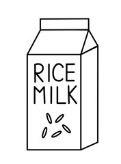 Rice Vegan milk. Box Carton packaging. Outline, Doodle, Line art. Vector flat illustration.