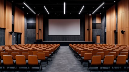Modern Conference Hall With Empty Seats And Large Screen, perfect for seminars, meetings, or presentations.