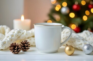 Christmas celebration in a cozy warm house. A close-up of a white mug and pine cones on a white table with a white warm blanket lying next to it. In the background - a lit candle and a Christmas tree.