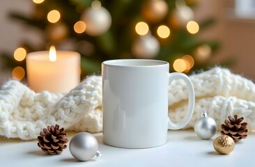 Celebrating Christmas in a cozy warm house. Close-up of a mockup of a white mug and pine cones on a white bedspread.There is a lighted candle and a Christmas tree in the background. Copy space
