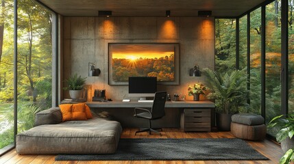 A home office with concrete walls, large industrial-style windows, and black accents.