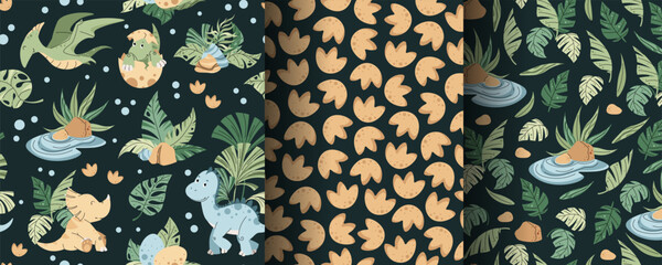 Set of seamless patterns with cute dinosaurs in flat style. Endless texture with baby dinosaurs with palm leaves, footprints and plants. Childish background for fabric, wallpaper, wrapping paper © Siawi_art