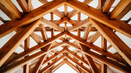 Interior view of interconnected wooden trusses forming a strong intricate framework showcasing the depth and craftsmanship of the construction