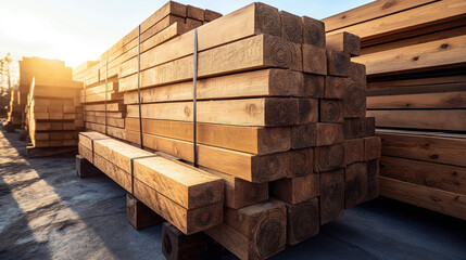 Stacks of neatly arranged wooden beams at a lumber yard, with sunlight casting soft shadows on the ground.