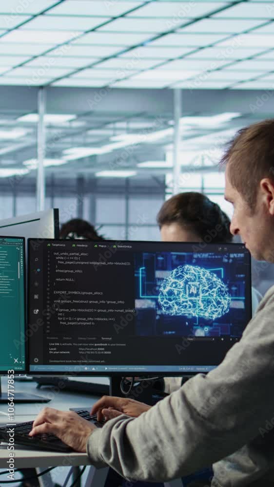 Poster engineer in server hub making ai software turning text prompt into photos. technician in data center