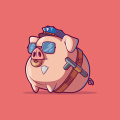 A Pig Cop Character eating a donut vector illustration. Food, animal design concept.