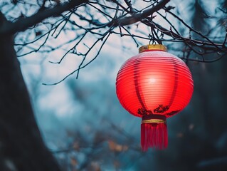 Obraz premium Red Paper Lantern Hanging From Bare Tree Branch